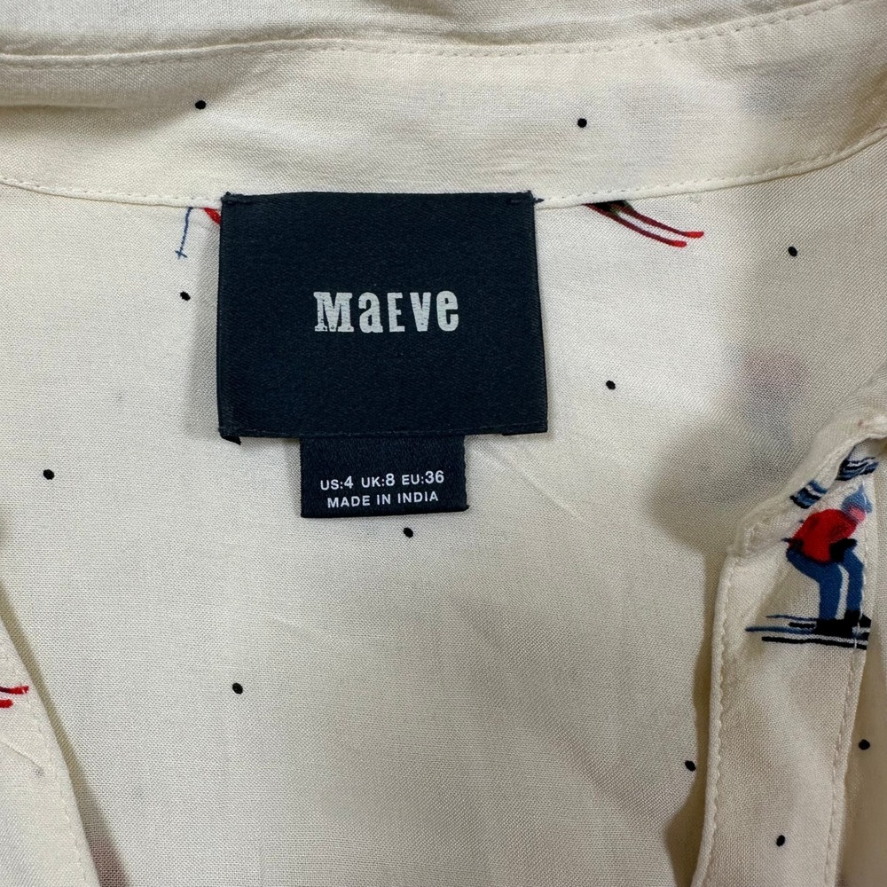 Maeve Anthropologie Skier Print Button Down Blouse Ivory Rayon Long Sleeve Sz 4 - Picture 3 of 8
